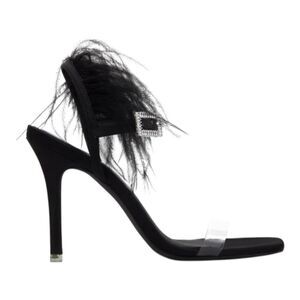 BLACK SUEDE STUDIO Trinity Satin Leather Ostrich Feather Black Sandals Size 10